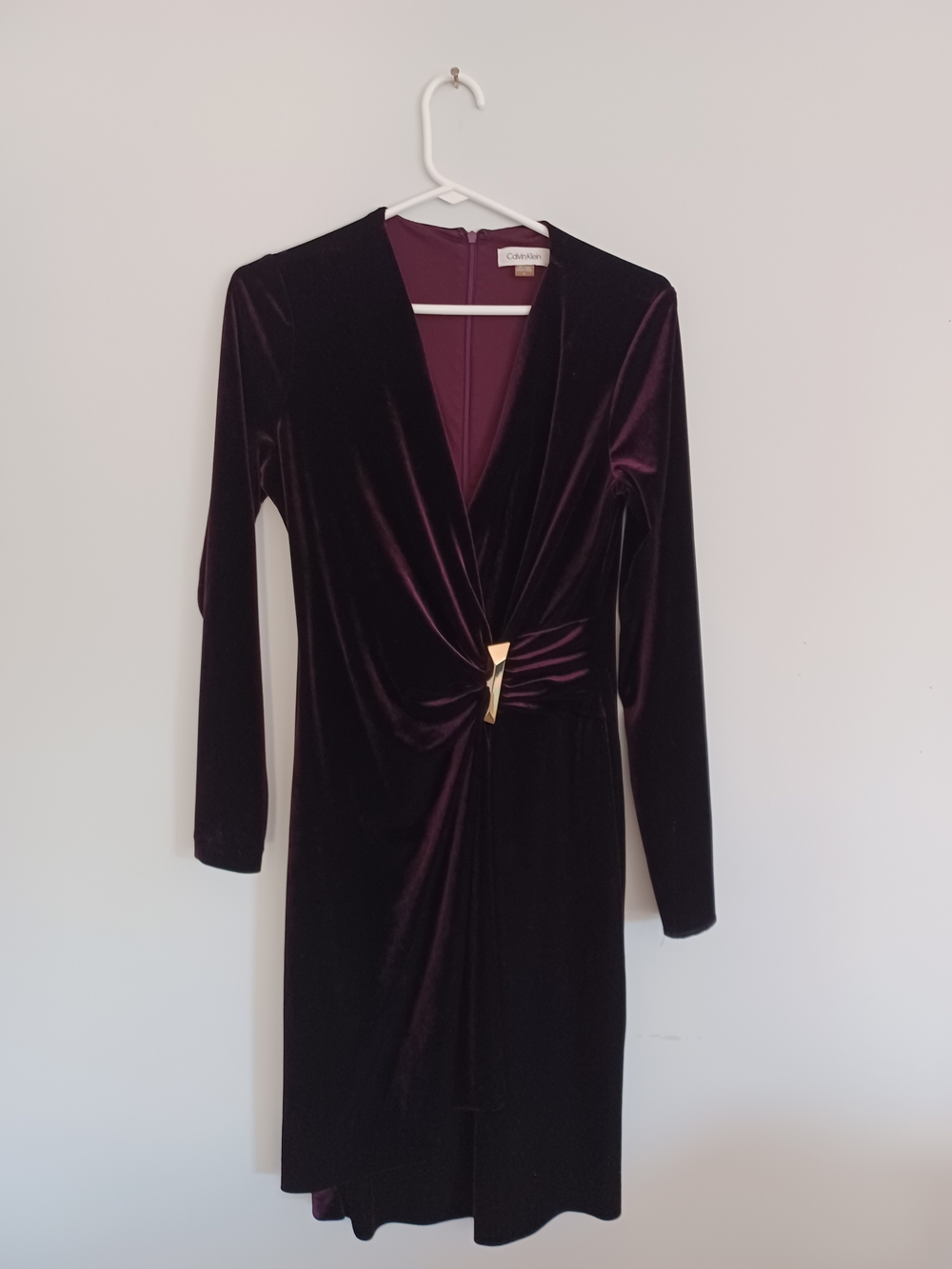 C/MEO Collective Velvet Twist-Front Long-Sleeve Dress in Wine with Gold Accent